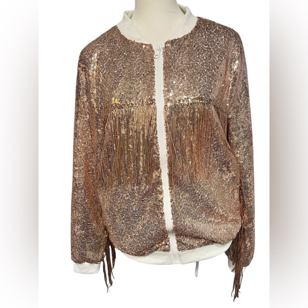 Rose Gold Sequin Bomber Jacket with Fringe Detail - Small - NWOT